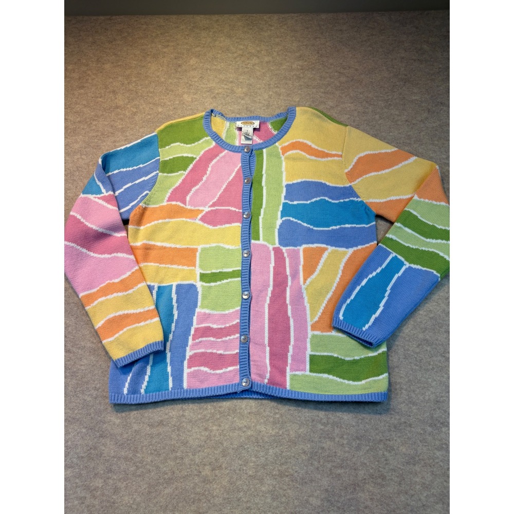 Vintage Talbots Petites Cotton Cardigan Sweater Multicolor Colorblock Large